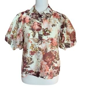 Bailey 44 Floral Puff Sleeve Button Down Blouse Rust Cream Small